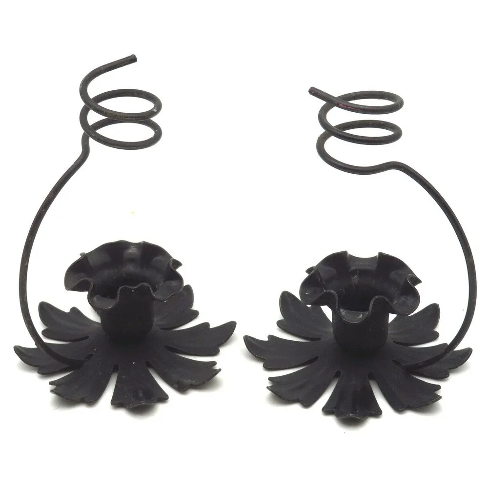Vintage Black Metal Lotus Flower Toleware Petite Candleholder Pair 1930s